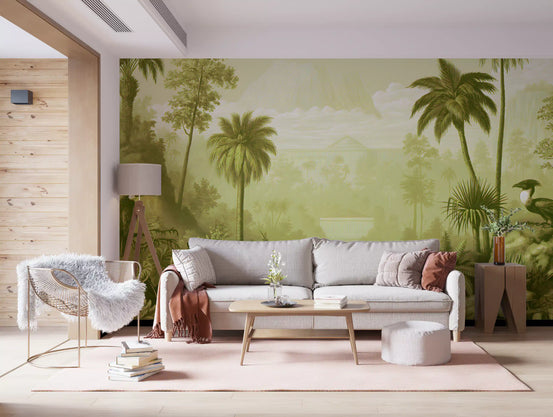 Verdant jungle palm wall mural behind a grey sofa and gold chair on a pink rug GD12924
