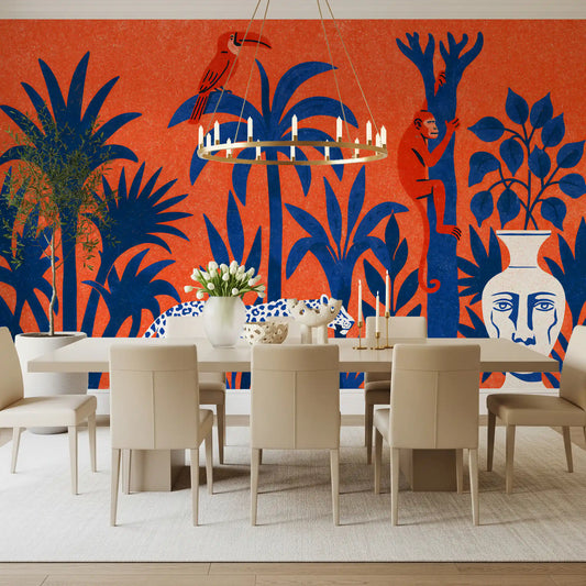 Tropical jungle leopard wall mural in a dining room with cream chairs and a chandelier GD12926