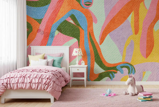 Colorful abstract primate wall mural in a girls bedroom with pink ruffled bedding GD12928