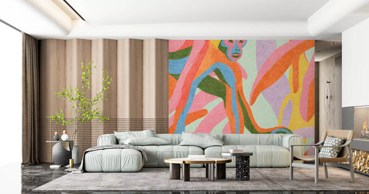Abstract tropical primate wall mural behind a sage green sofa and round wood tables GD12928