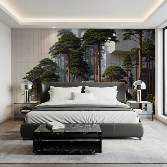 Geometric pine grove wall mural behind a grey upholstered bed with white bedding GD12932