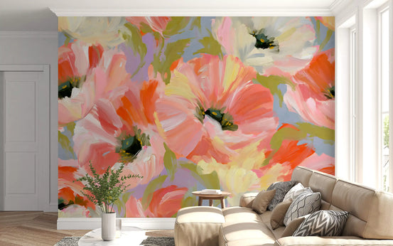 Impressionist poppy garden wall mural behind a beige sofa with textured cushions GD12934