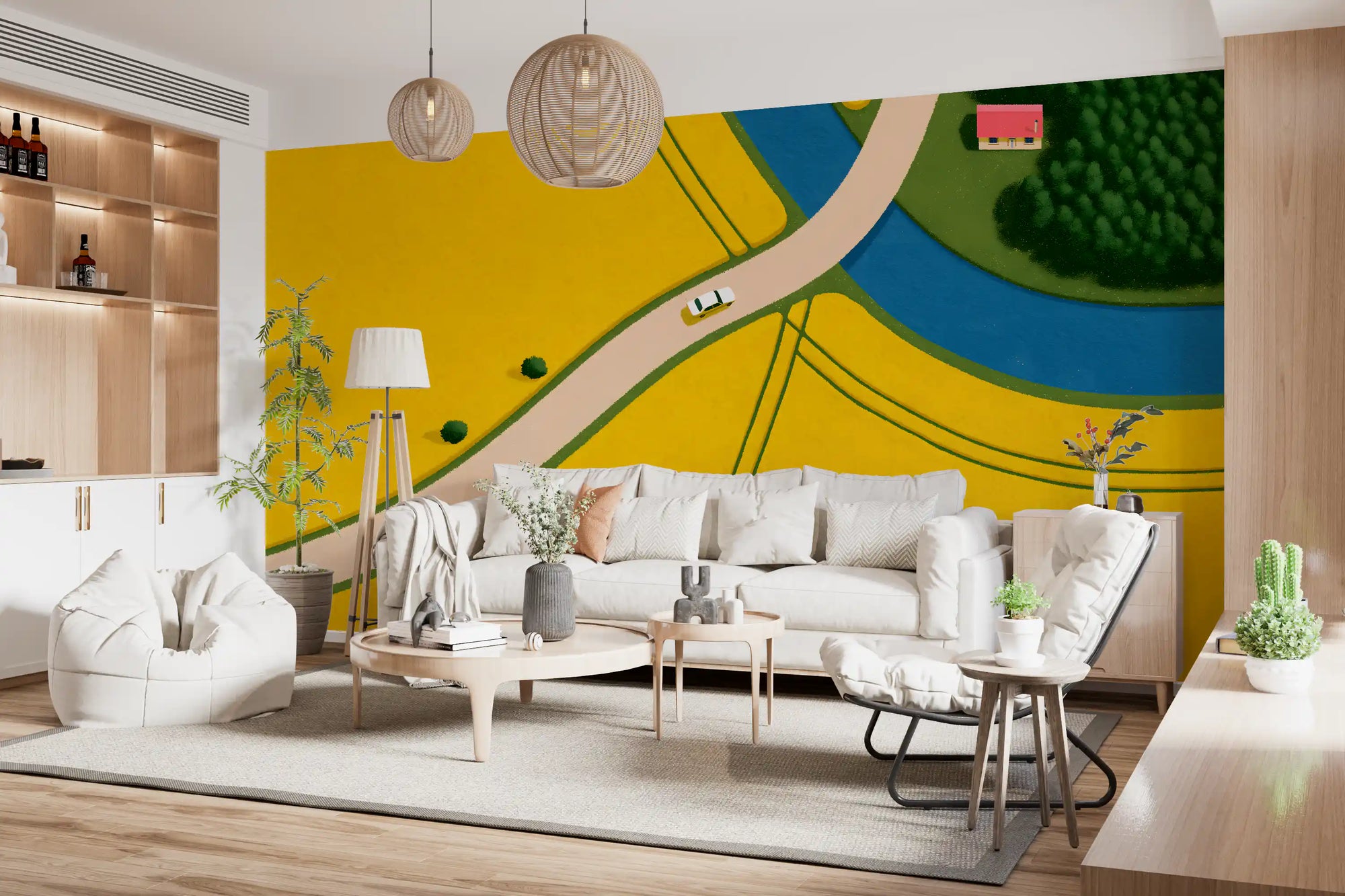 Country road through golden fields wall mural behind a white sofa and rattan pendants GD12935