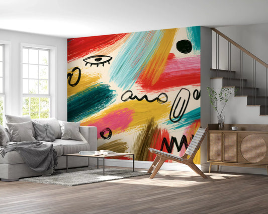 Colourful brushstroke expression mural in a living room with a grey sofa and staircase GD12936