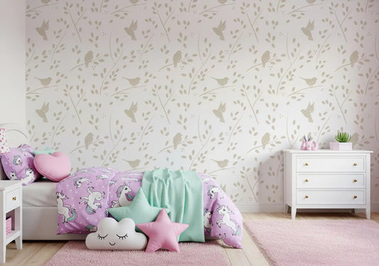 Minimalist Garden Birds in Soft Taupe Wallpaper⁠