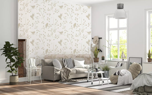 Minimalist Garden Birds in Soft Taupe Wallpaper⁠