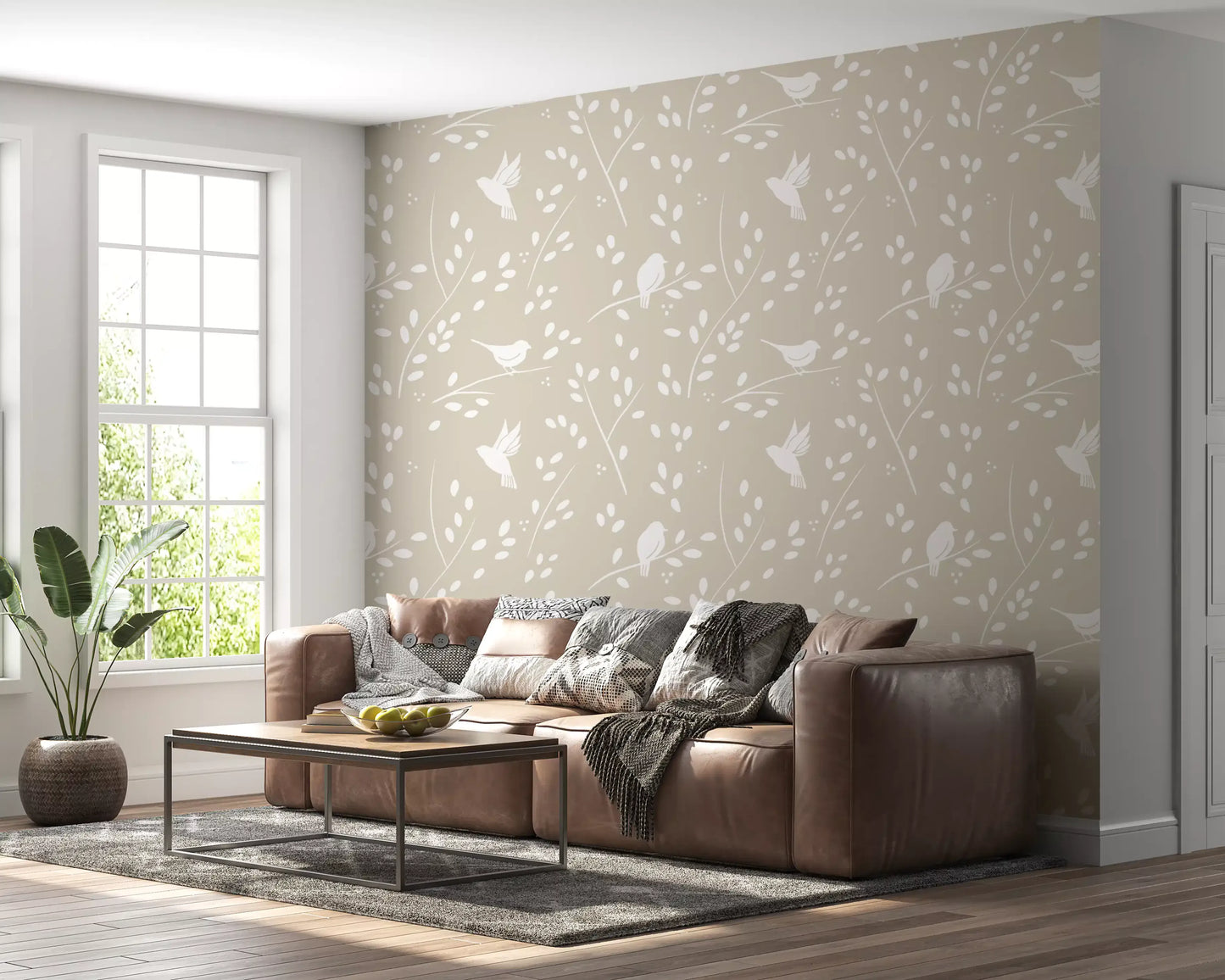 Serene Minimalist Garden Birds in Soft Taupe Wallpaper⁠