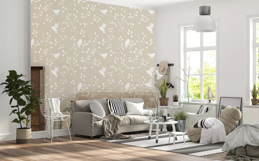 Serene Minimalist Garden Birds in Soft Taupe Wallpaper⁠