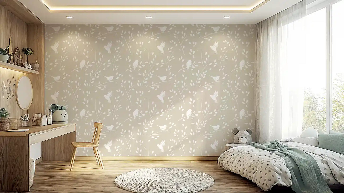 Serene Minimalist Garden Birds in Soft Taupe Wallpaper⁠