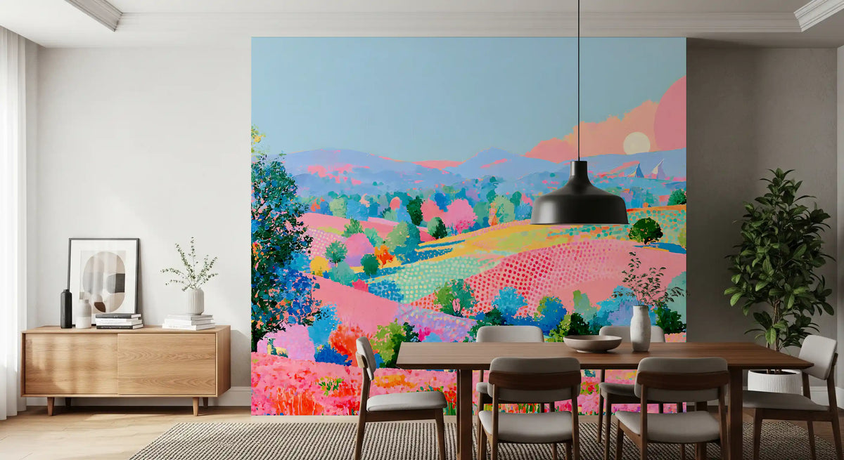 Pastel hillside impression wall mural above a wooden sideboard and dining table GD12944