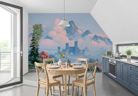 Highland fortress landscape mural in a kitchen with a round wood table GD12948