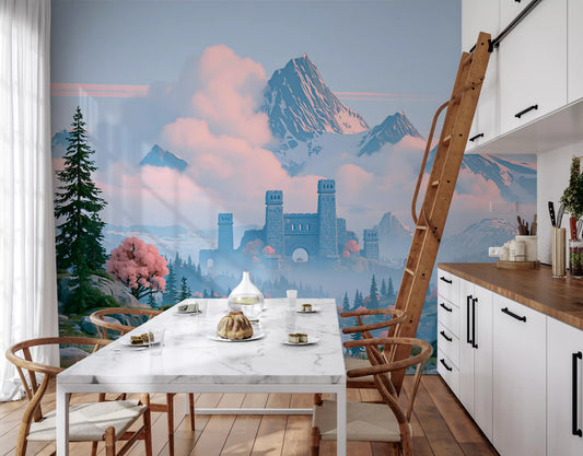 Mountain castle mural in a kitchen with a marble table and a ladder GD12948