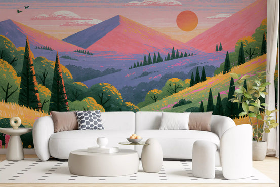 Mountain valley vista mural in pink sunset tones behind a white curved sofa GD12950
