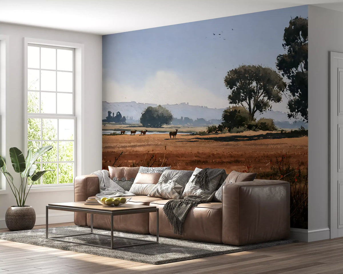 Serene meadow wildlife mural behind a brown leather sofa beside a bright window GD12951