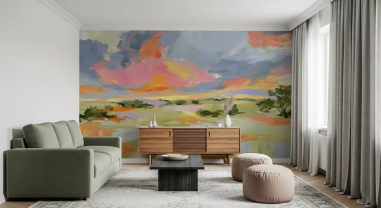 Sunset brushstrokes landscape mural behind a green sofa and wood sideboard GD12952