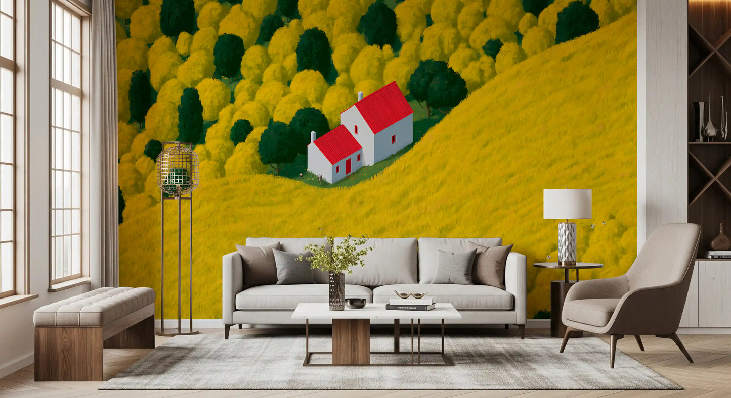 Sunlit Rural Cottage Landscape Wall Mural