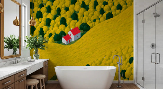 Sunlit rural cottage mural behind a freestanding tub with wood vanity and mirror GD12953