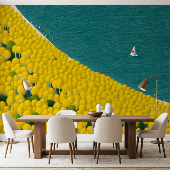 Autumn sailing mural behind a wood dining table with cream chairs and gold lamps GD12954