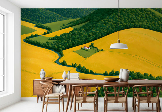 Gold and green pastoral hills mural behind a wooden dining table and sideboard GD12956