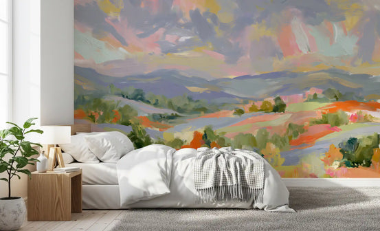 Impressionist mountain valley mural behind a white bed with a wood nightstand GD12957