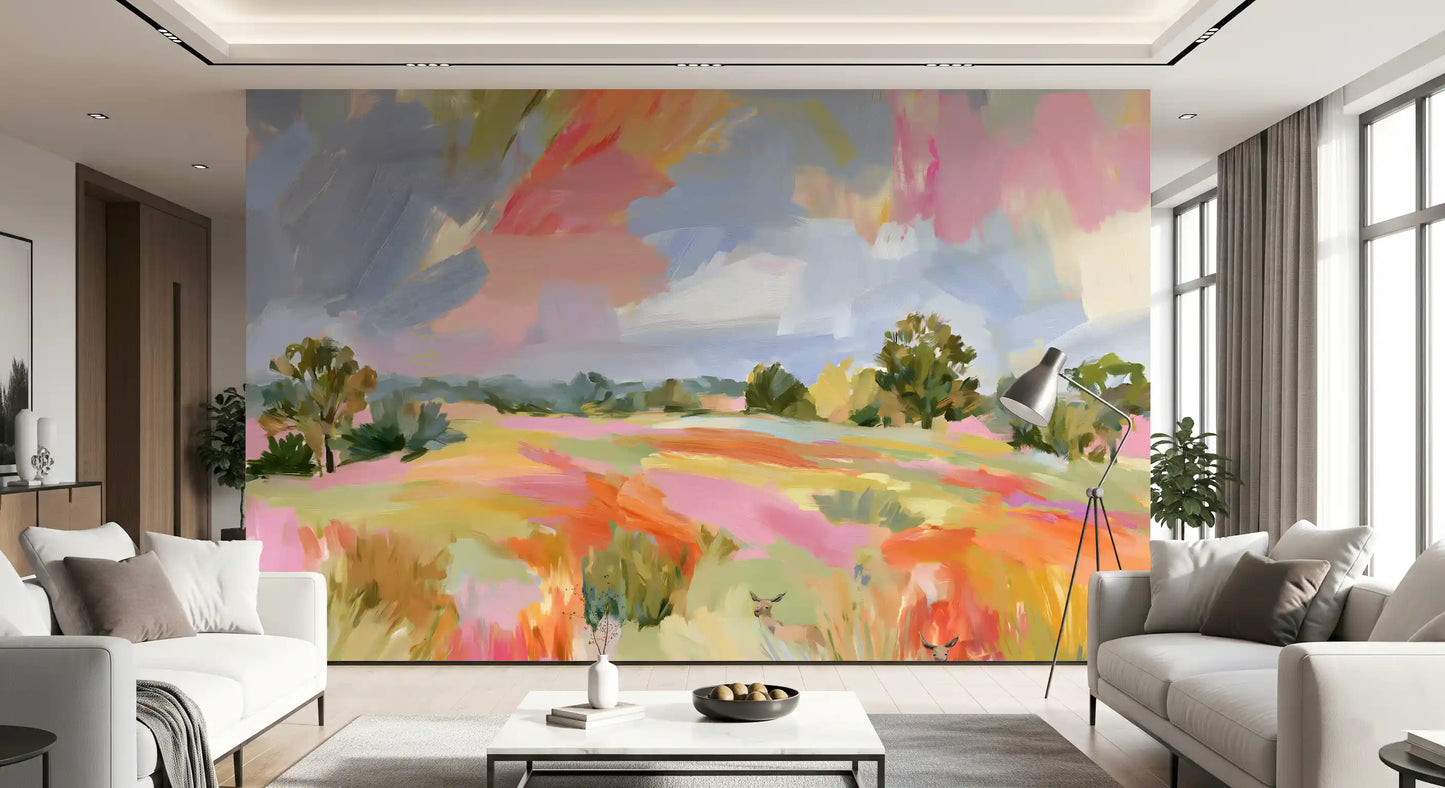 Abstract Painted Meadow with Wildlife Wall Mural