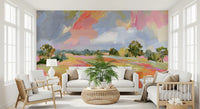 Abstract Painted Meadow with Wildlife Wall Mural