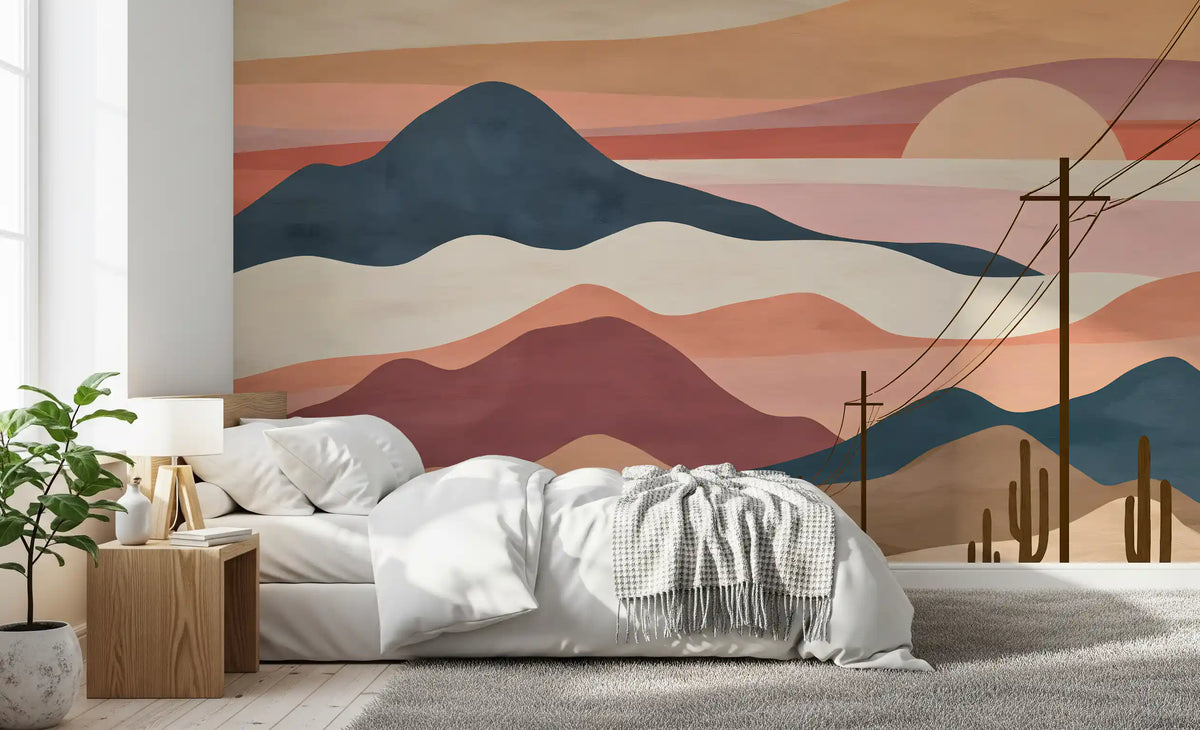 Desert sunset mountain mural behind a white bed with a wood nightstand GD12959