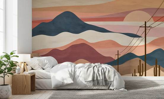 Desert sunset mountain mural behind a white bed with a wood nightstand GD12959