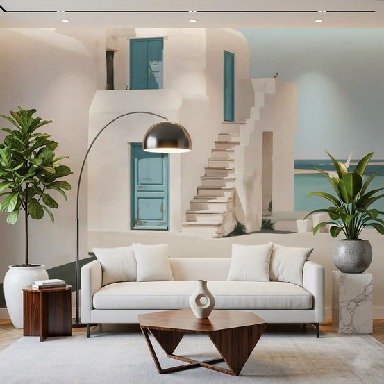 Mediterranean sea breeze mural behind a white sofa with an arc floor lamp and plants GD12960