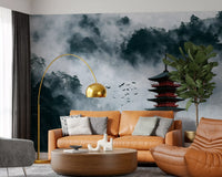 Misty Red Pagoda Mountain Sanctuary Wall Mural