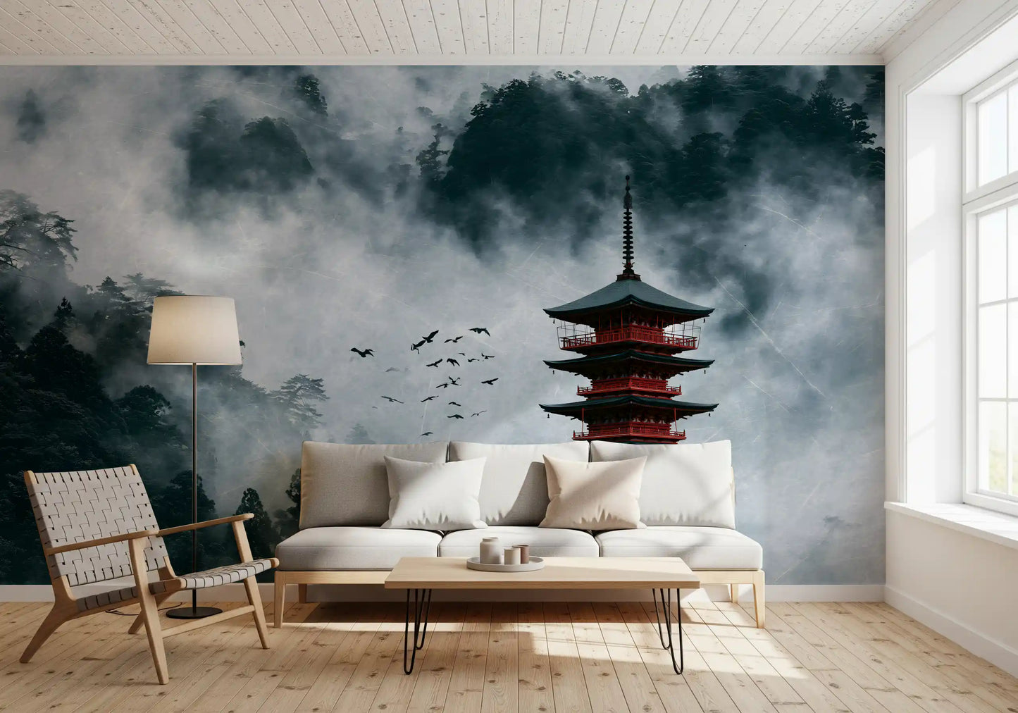 Misty Red Pagoda Mountain Sanctuary Wall Mural