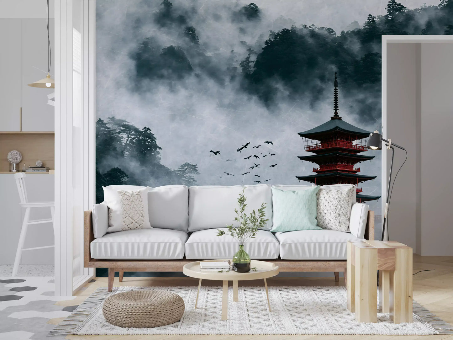 Misty Red Pagoda Mountain Sanctuary Wall Mural