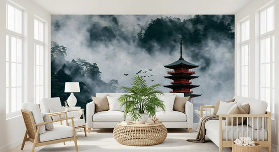 Misty red pagoda mountain mural behind a white sofa with wood armchairs and a palm GD12962