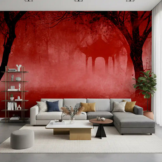 Crimson mist forest mural behind a grey sectional with bookshelf and coffee tables GD12963