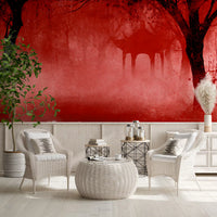 Crimson Pagoda Mist Wall Mural