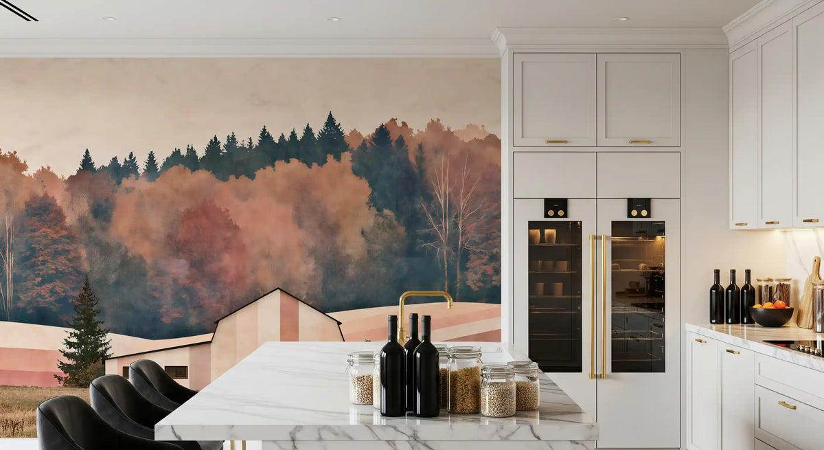 Autumnal barn countryside mural in a kitchen with a marble island and wine fridge GD12965