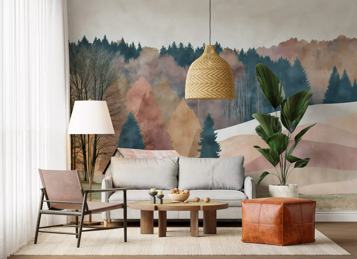 Autumn valley cabin wall mural behind a grey sofa and leather pouf GD12968