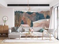 Rustic Autumn Valley Cabin Scene Wall Mural