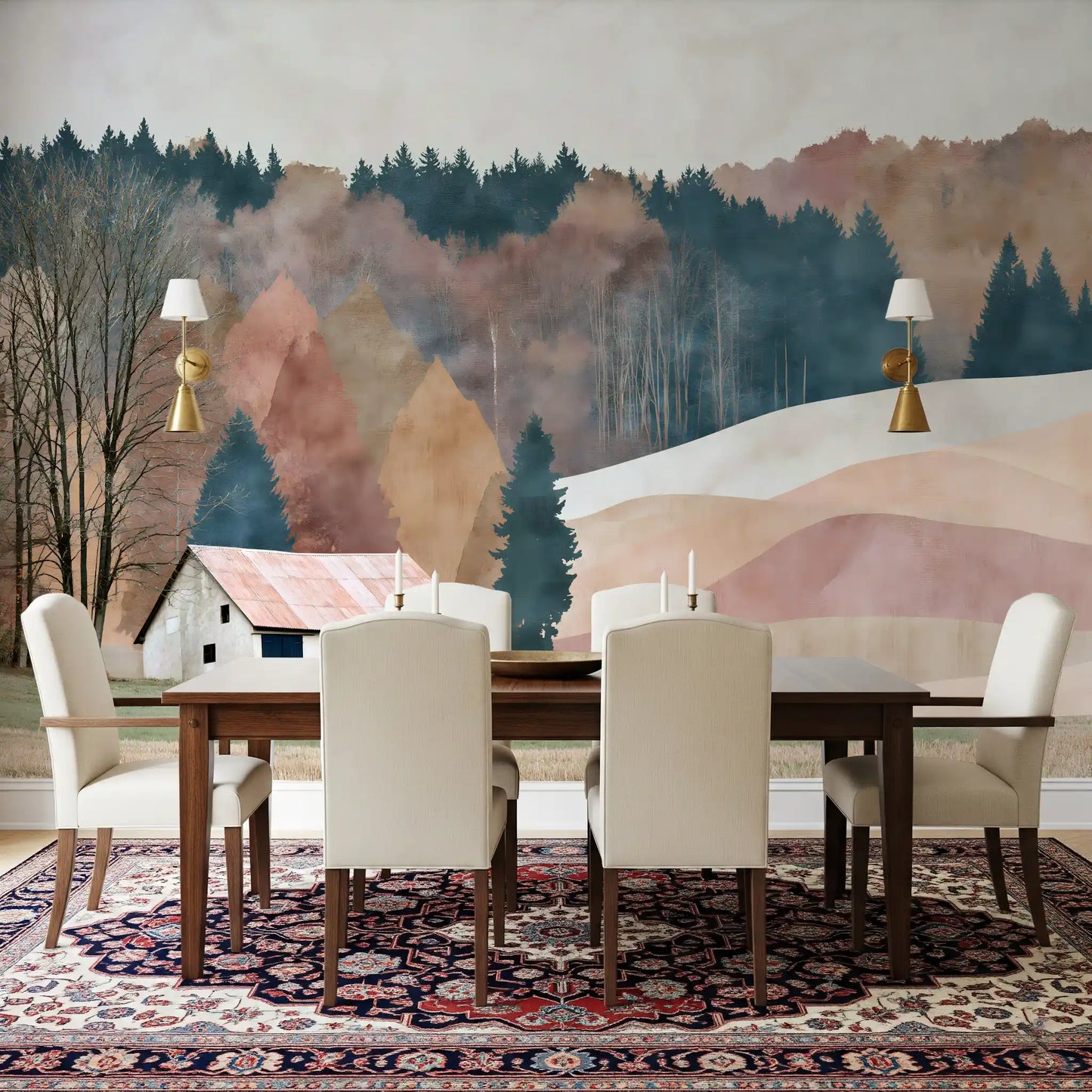 Rustic Autumn Valley Cabin Scene Wall Mural