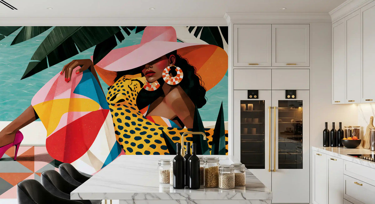 Chic summer illustration wall mural in a kitchen with a marble counter GD12971