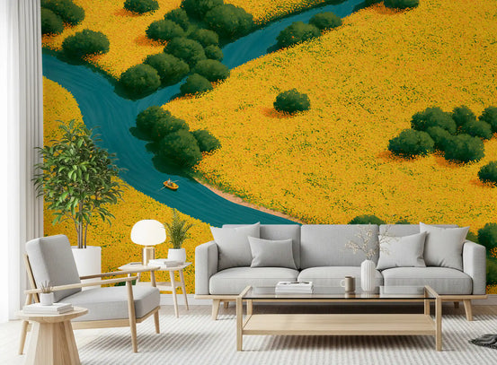 Summer wildflower stream mural behind a grey sofa and wood coffee table in a bright living room GD12973