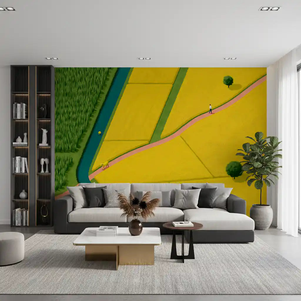 Golden Fields and Winding Stream Landscape Wall Mural