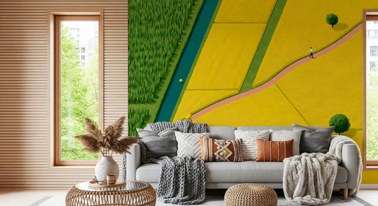 Golden Fields and Winding Stream Landscape Wall Mural