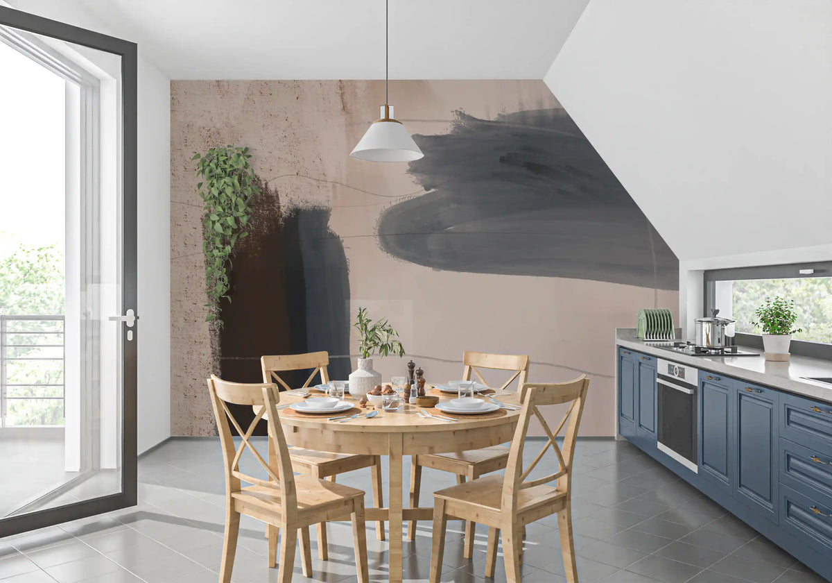 Blue-grey abstract brushstroke mural in a dining area with a round wood table GD12975