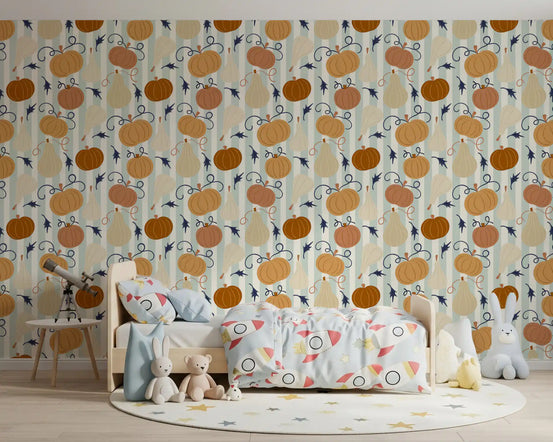 Autumn harvest pumpkin wallpaper behind a toddler bed with a star rug and teddies GD12978
