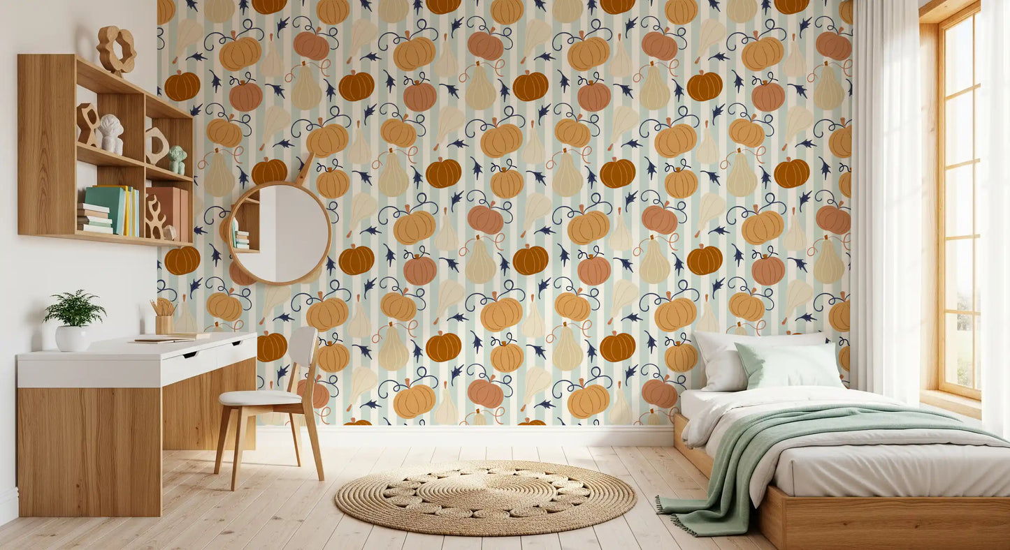Autumn Harvest Striped Pumpkin Motif Wallpaper⁠