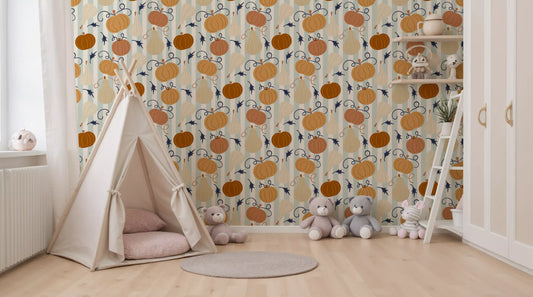 Striped pumpkin motif wallpaper in a nursery with a teepee tent and soft toys GD12978