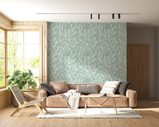 Sage Green Hand-Drawn Floral Line Art Wallpaper⁠