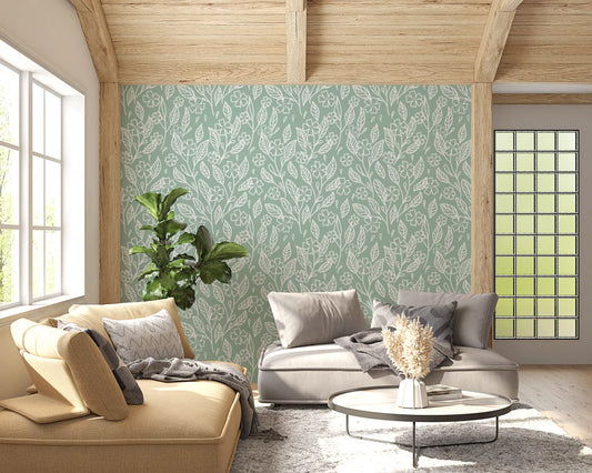 Sage Green Hand-Drawn Floral Line Art Wallpaper⁠