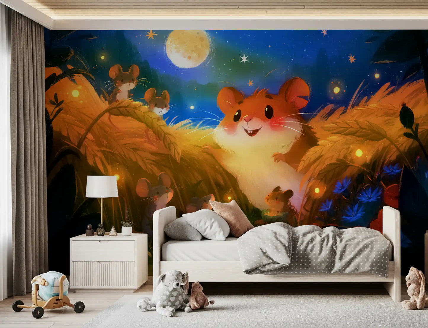 Moonlit Hamster Harvest Scene Wall Mural